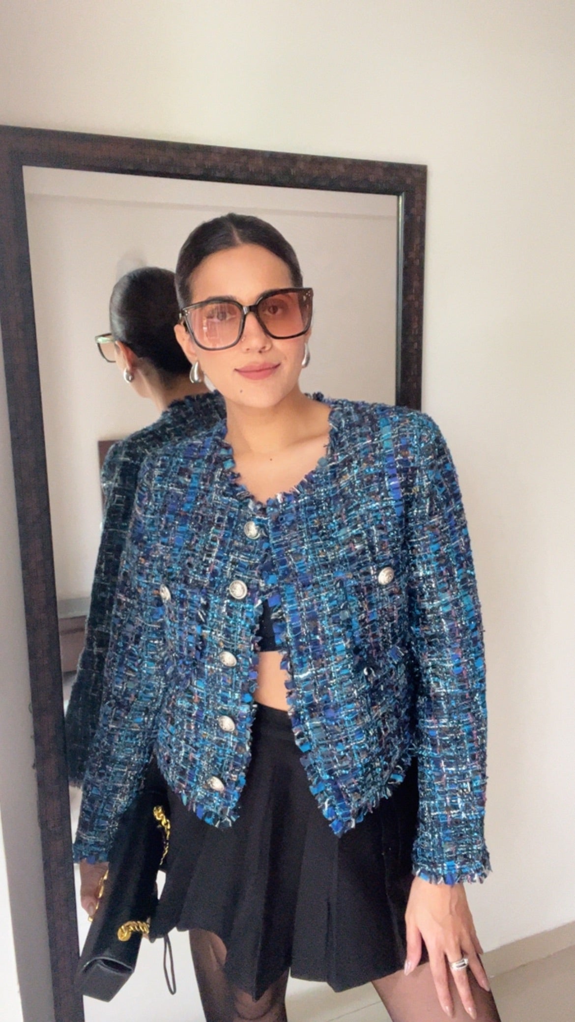 Blue Textured Tweed Fall Jacket