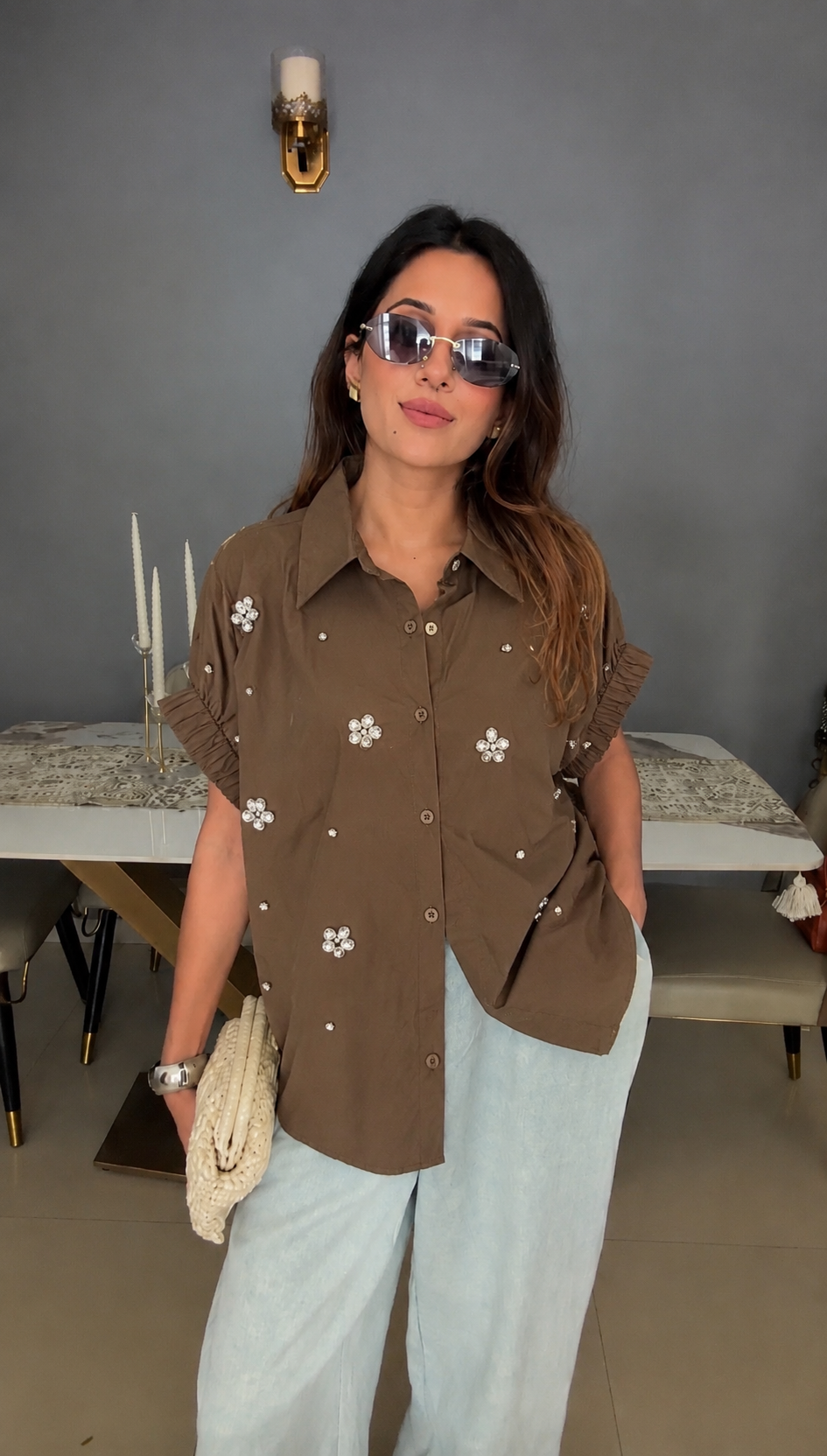 Embellished Ruched Sleeve Statement Top