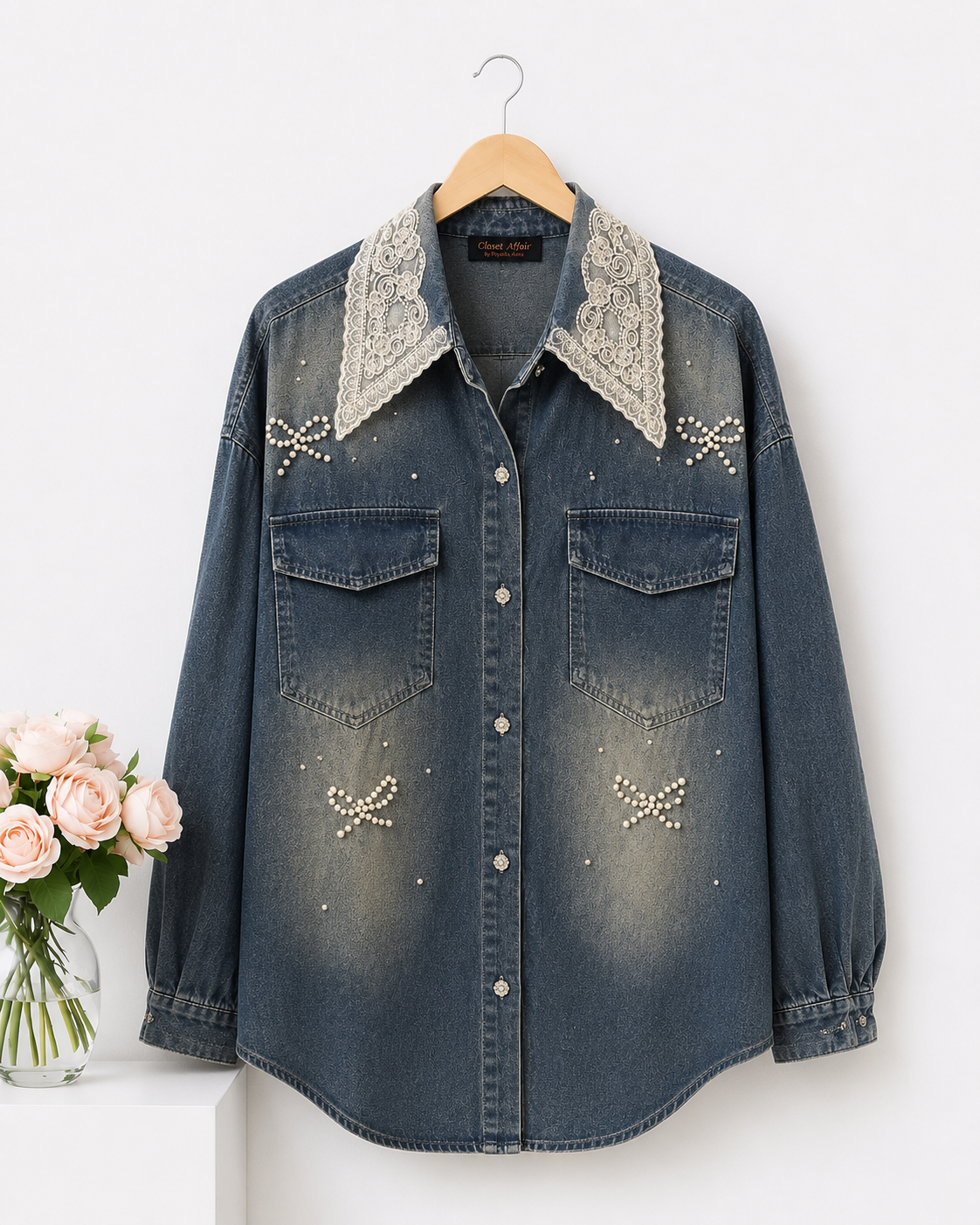 Lace Collar Pearl Detail Denim Shirt