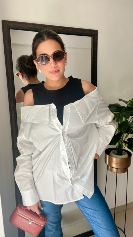 Cold Shoulder Poplin Shirt with Attached tank top
