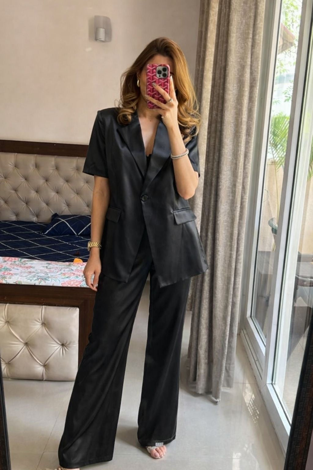 Black High Sheen Blazer Set