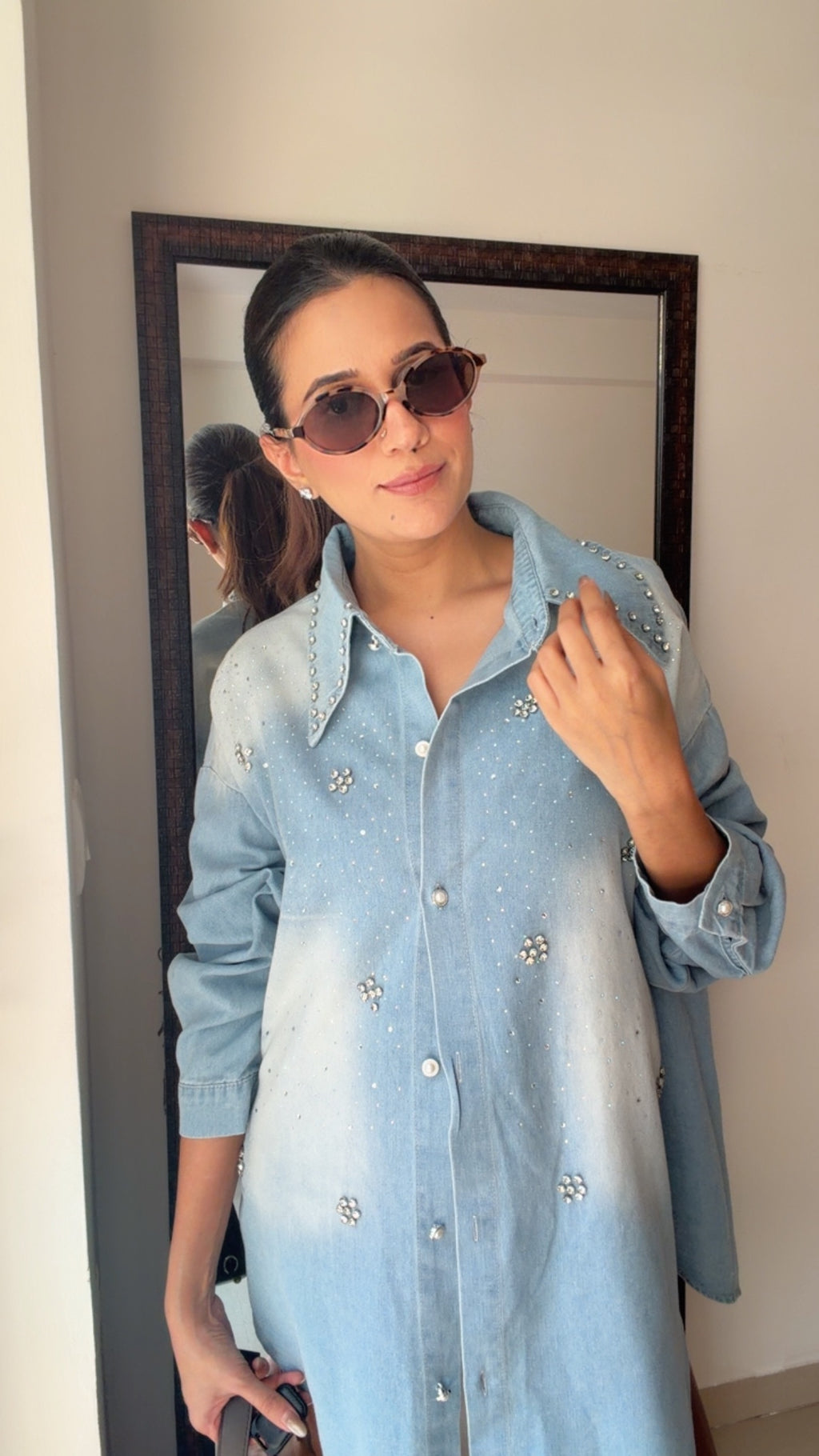 Dusted Flower Studded Denim Shirt