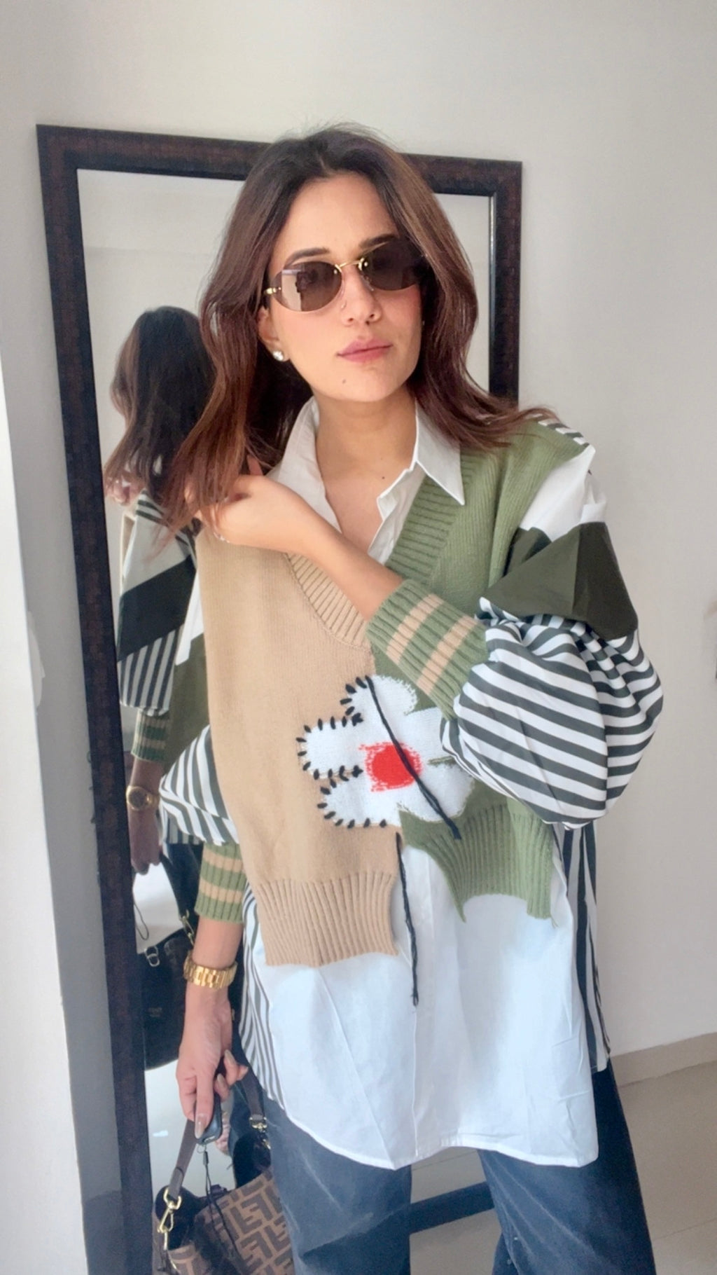 Stripe Knit Vest Poplin Fall Shirt