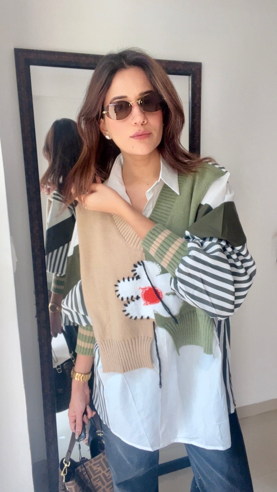 Stripe Knit Vest Poplin Fall Shirt