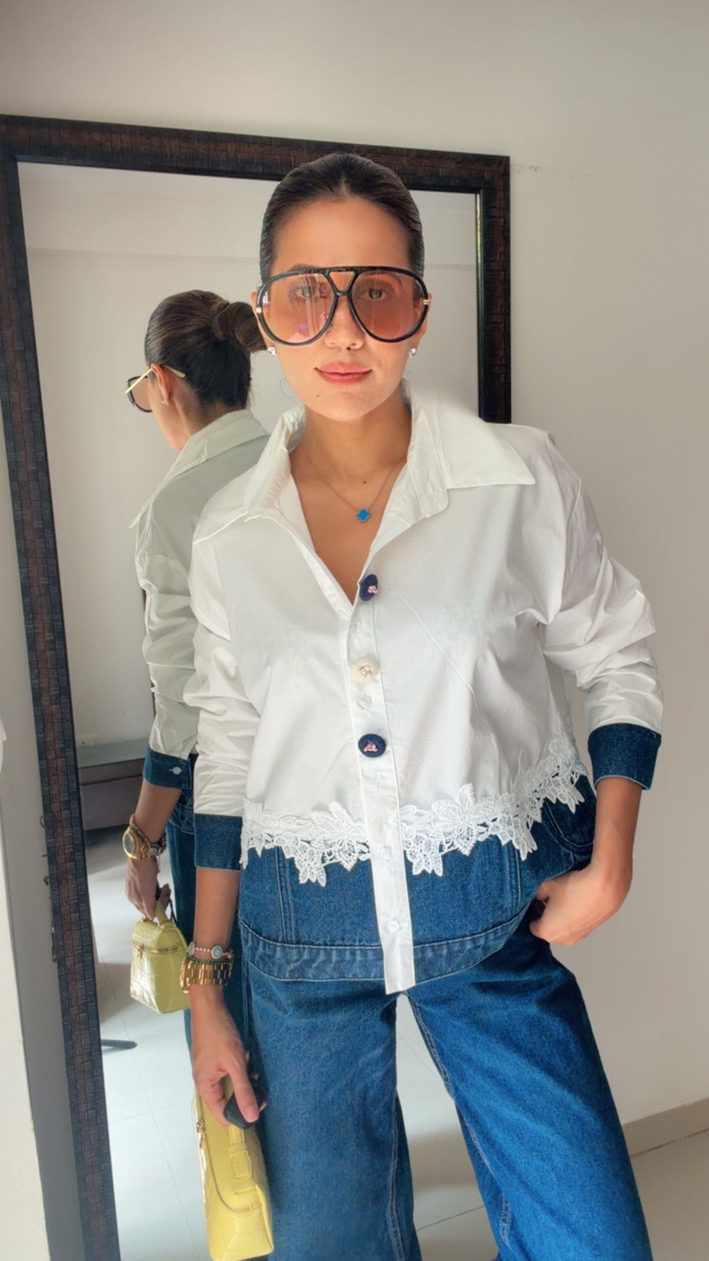 Lace Trim Denim Contrast Shirt