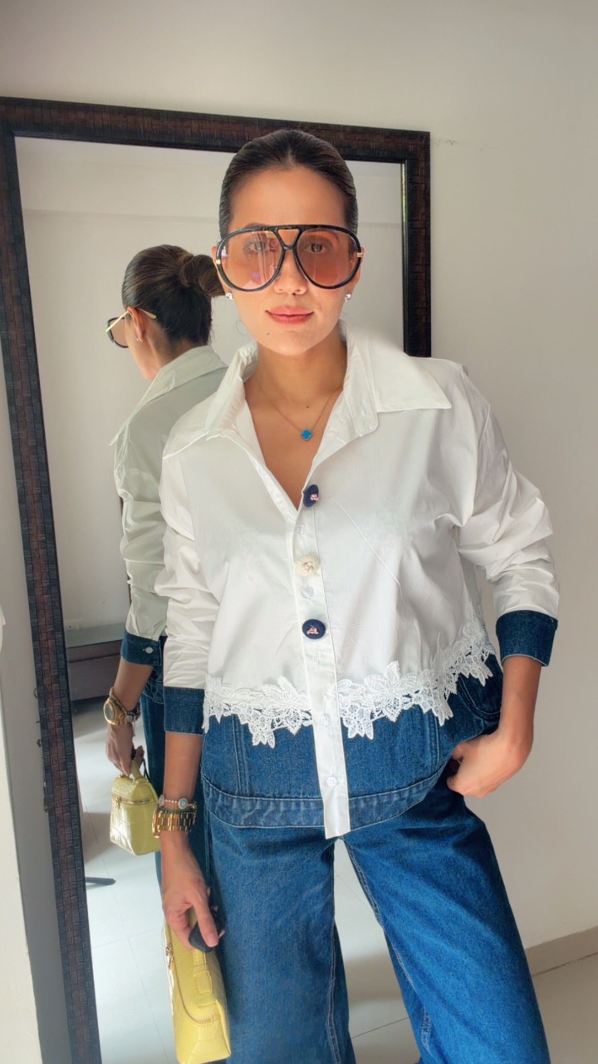 Lace Trim Denim Contrast Shirt