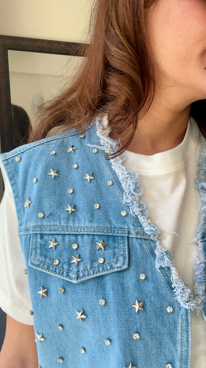 Star and Studs Denim Fall Vest
