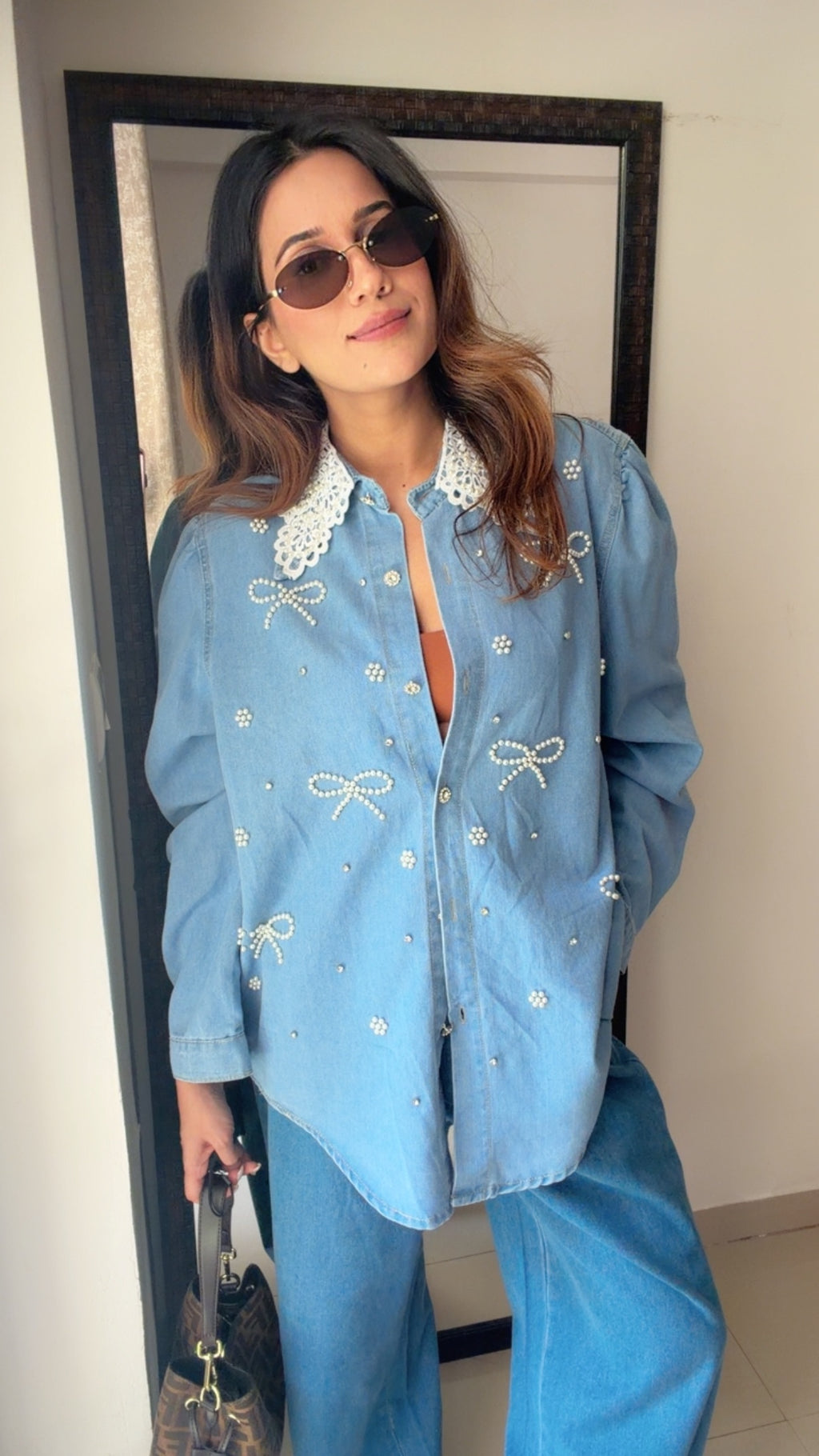 Bowknot Pearl Embellished Denim Shirt