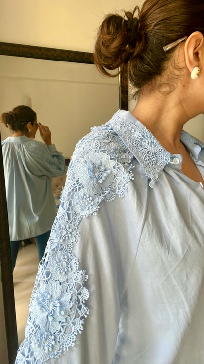 Flower Crochet Patch Linen Shirt