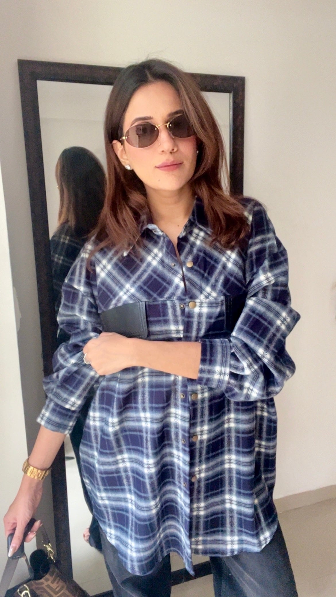 Plaid Leather Pocket Fall Shirt