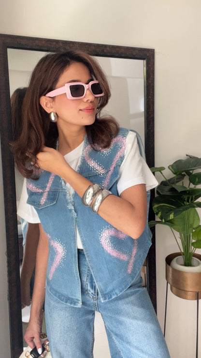 Pink Heart Swarovski Denim Fall Vest