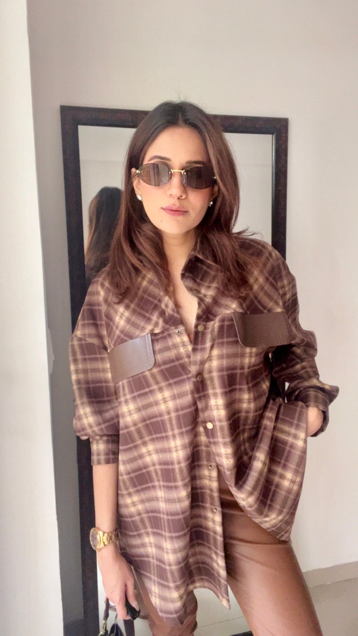 Plaid Leather Pocket Fall Shirt