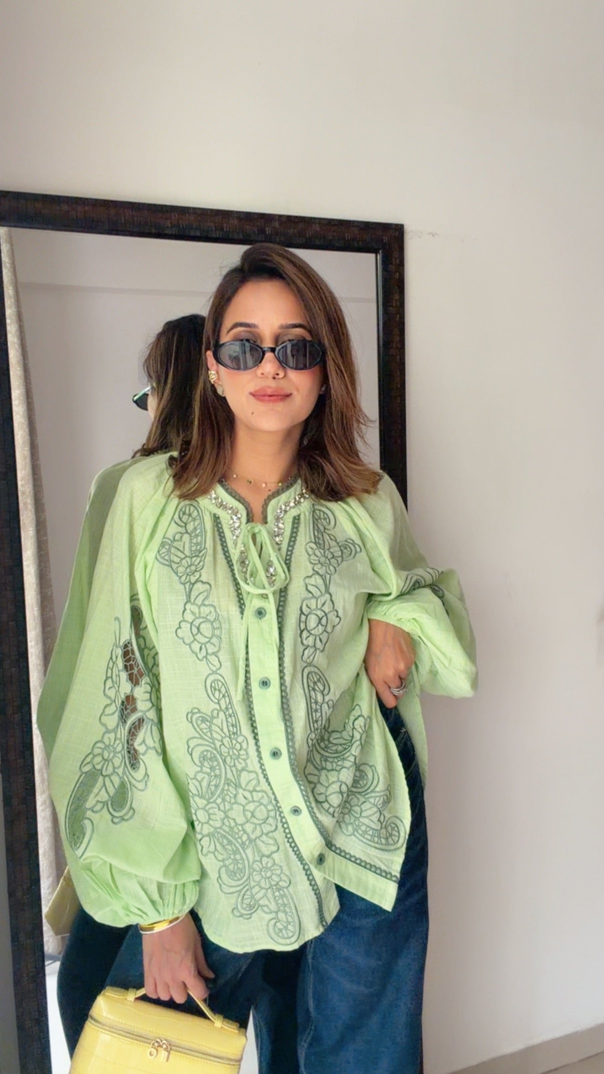 Studded Neck Linen Oversized Shirt Blouse