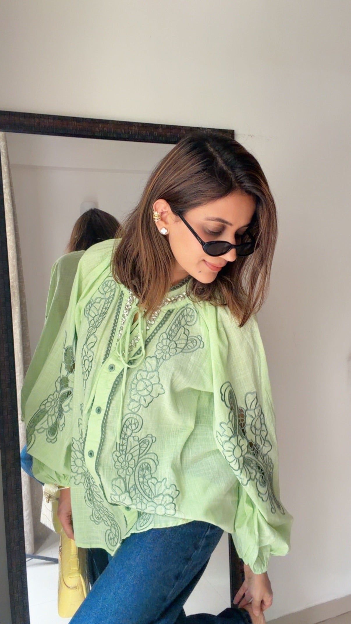 Studded Neck Linen Oversized Shirt Blouse