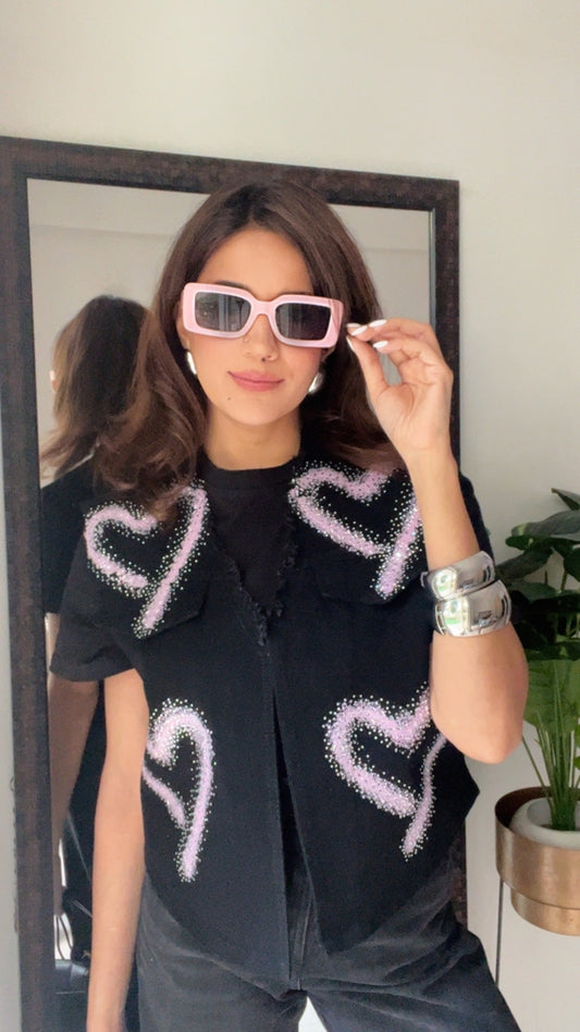 Pink Heart Swarovski Denim Fall Vest