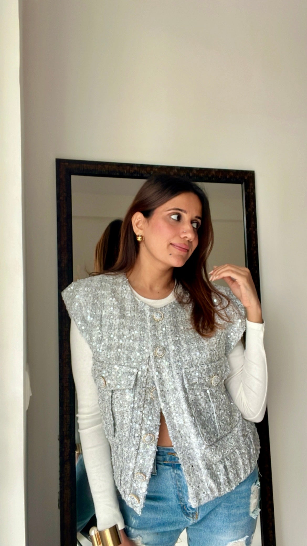 Sequin Embedded Cap sleeves Tweed Fall Vest