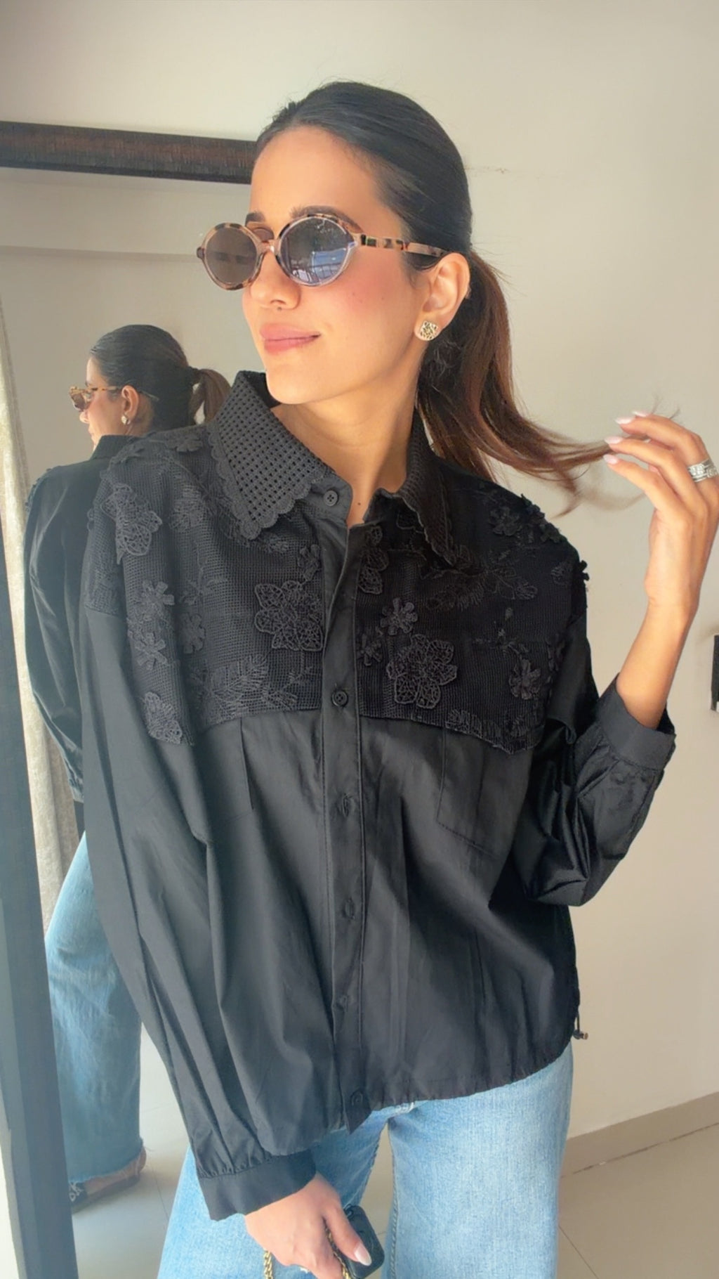 Flower Embedded Poplin Shirr