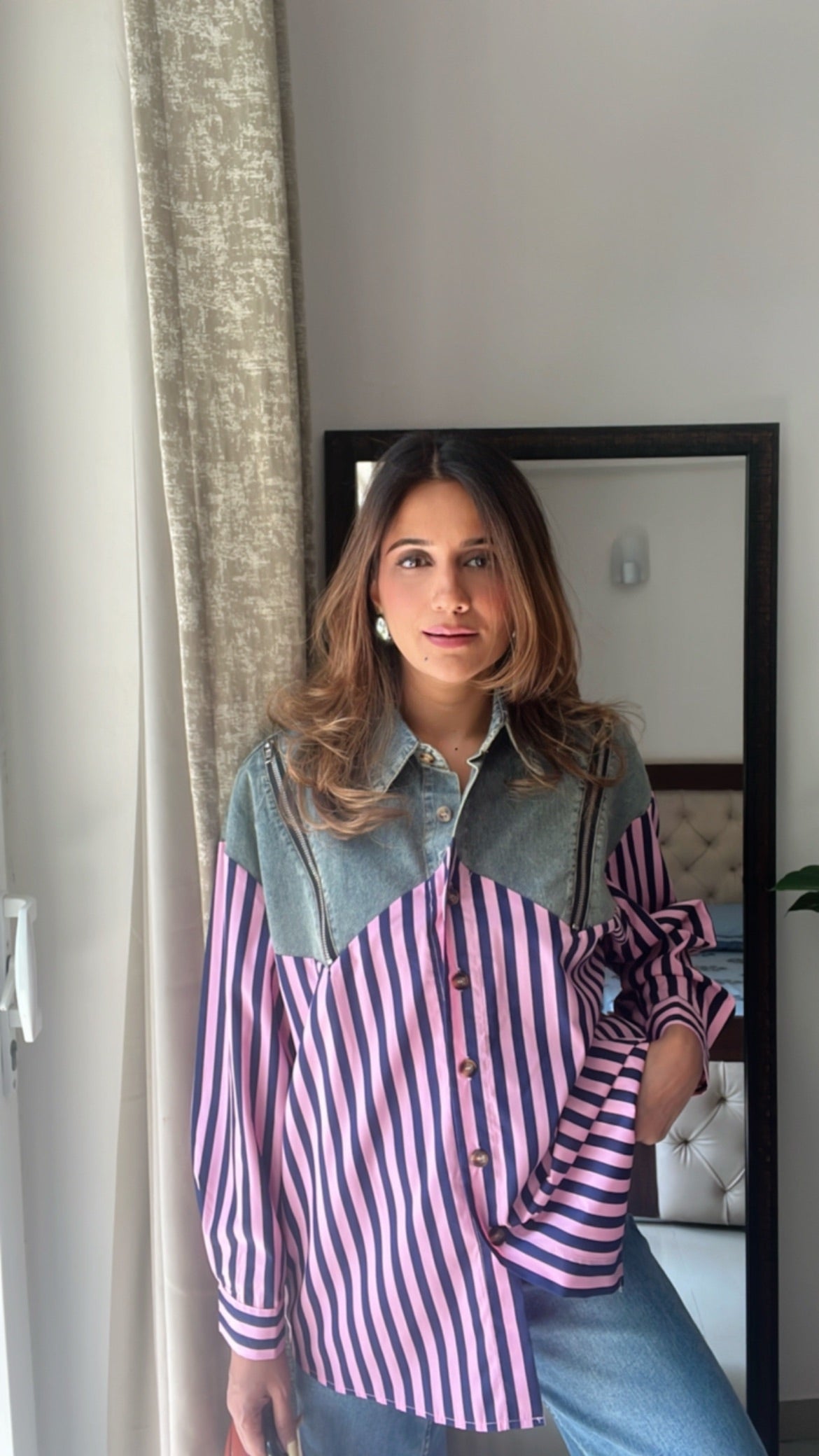 Denim Zipper detailed Poplin Shirt