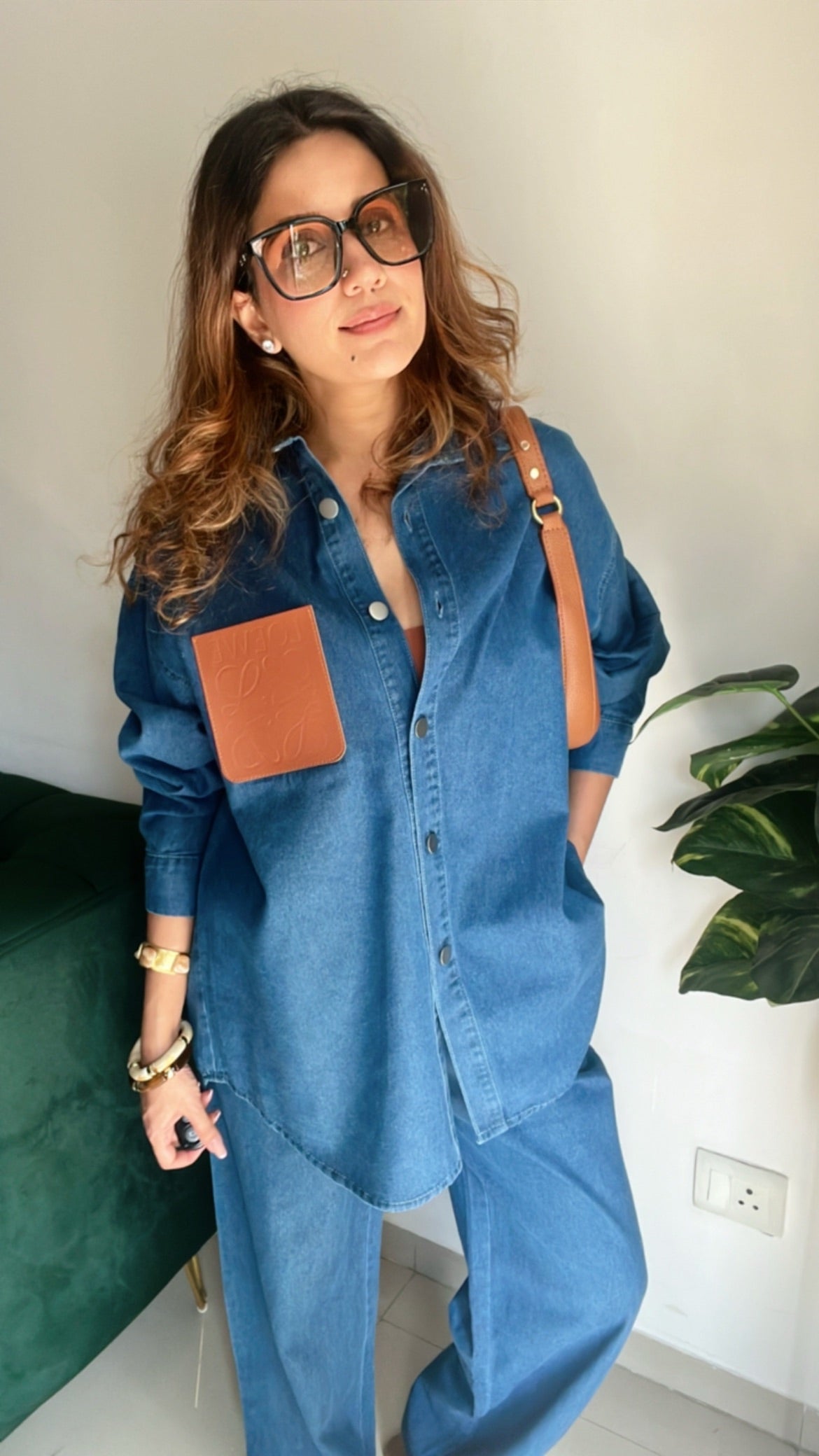 Leather Pocket Denim Drawstring Pants Co-ord Set