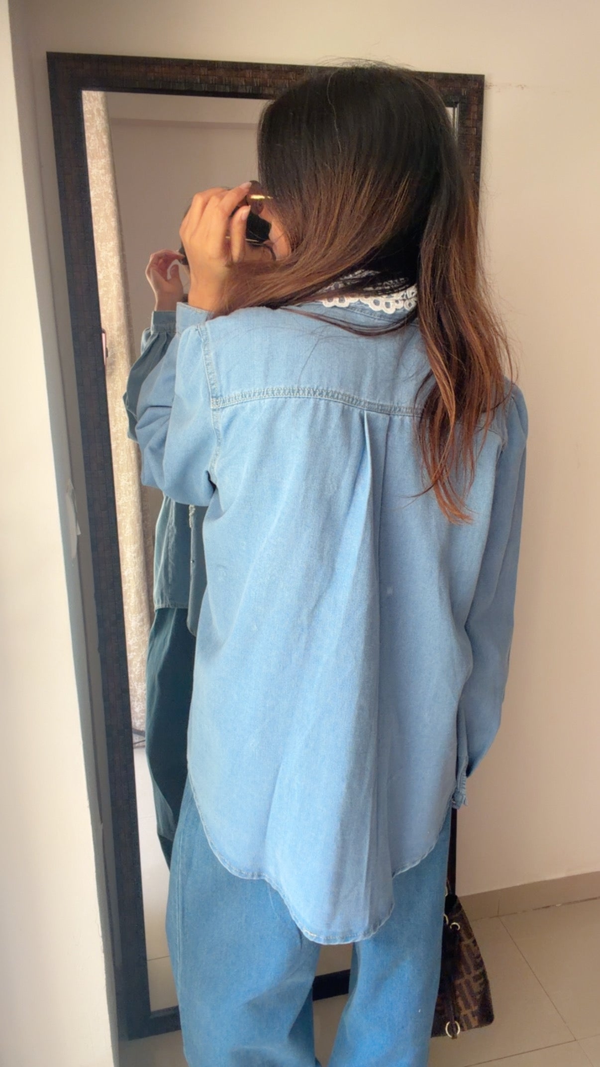 Bowknot Pearl Embellished Denim Shirt