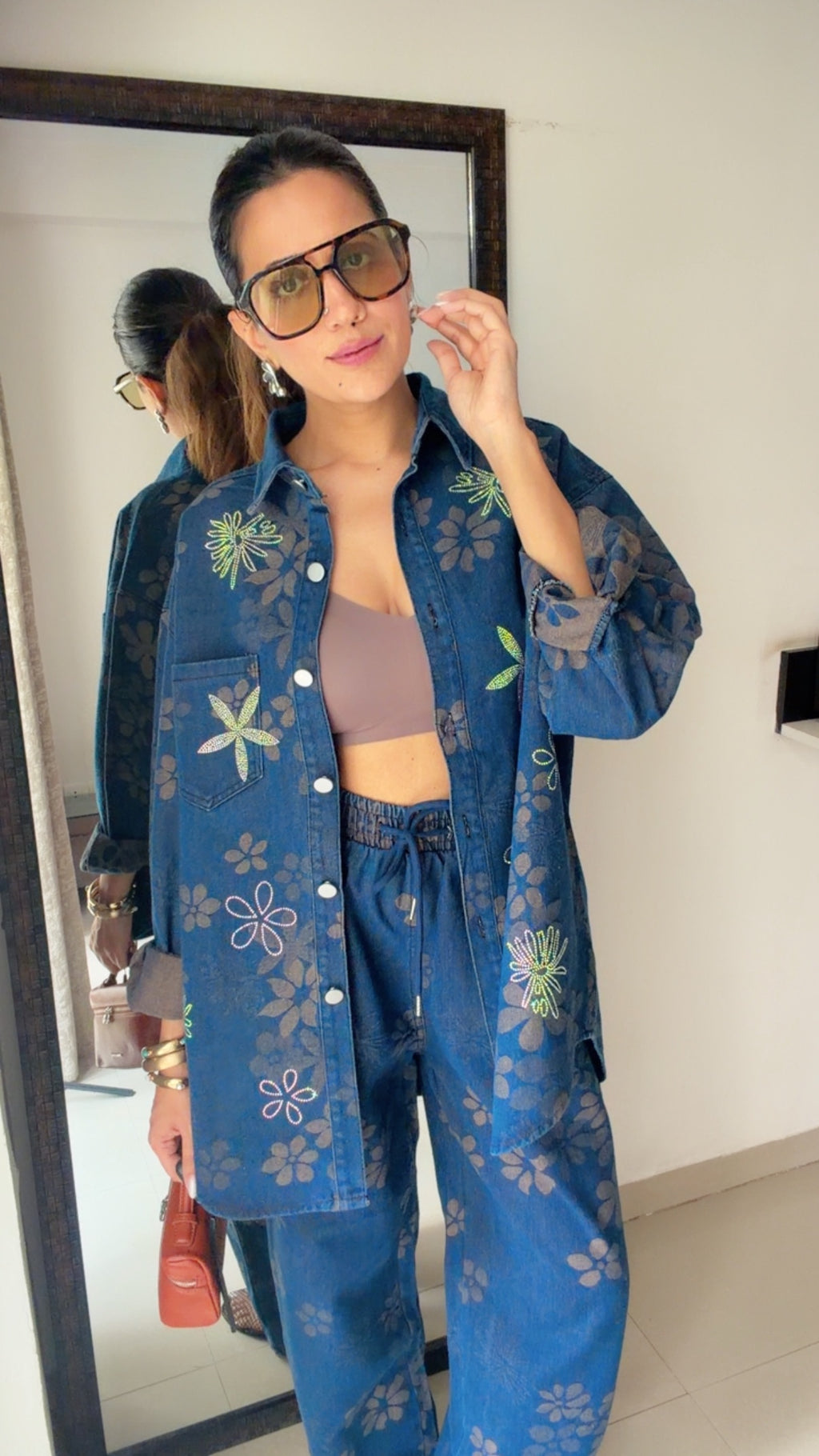 Denim Swarovski Studded Flower Co-ord Set