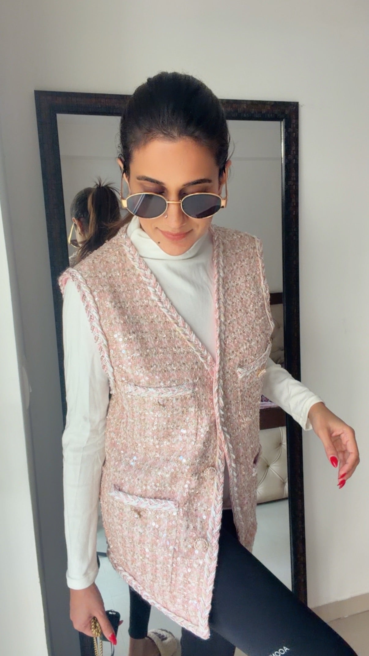 Sequin Plaid Tweed Fall Vest