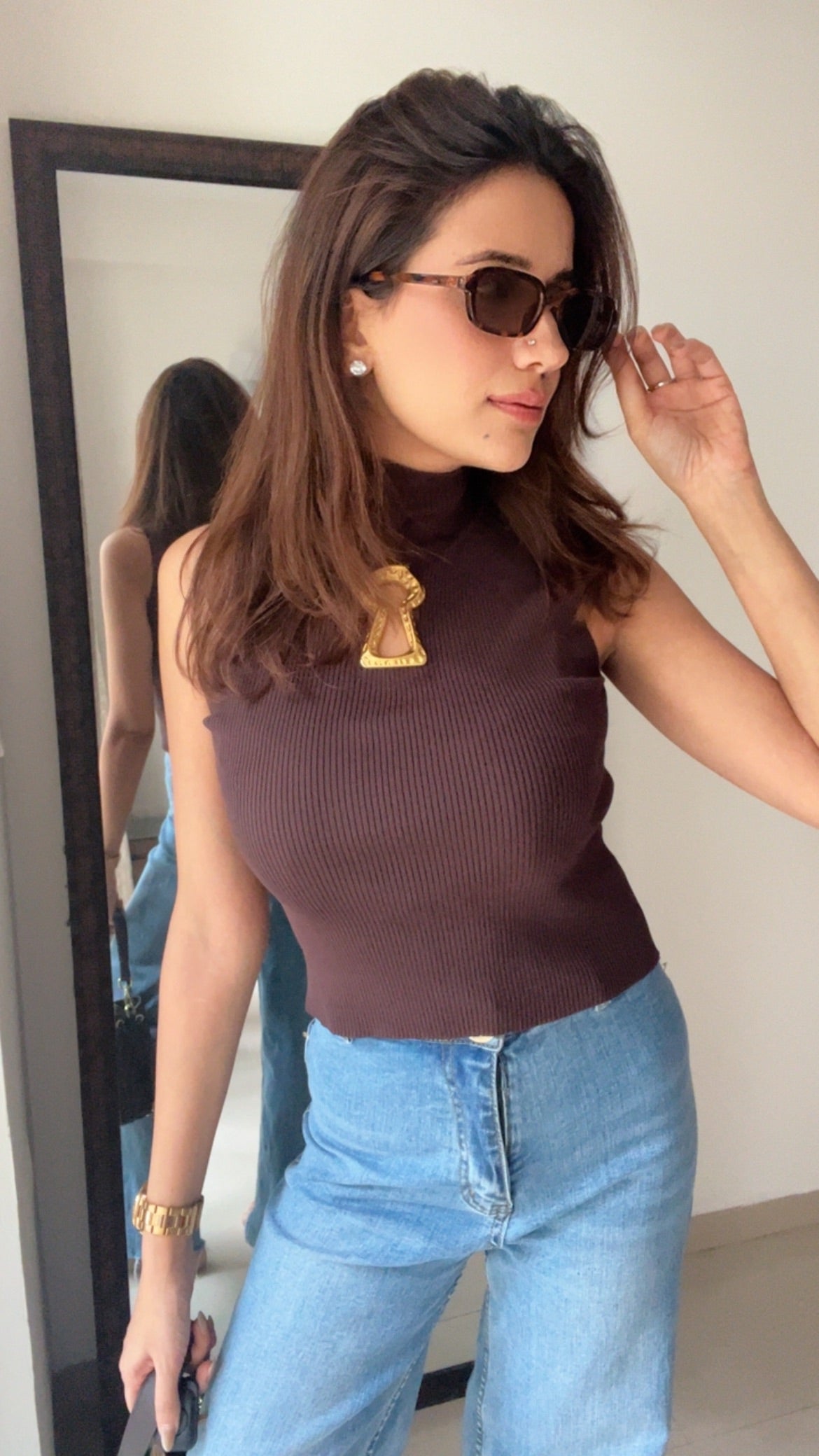 Ribbed Gold Metal Keyhole Tank Top