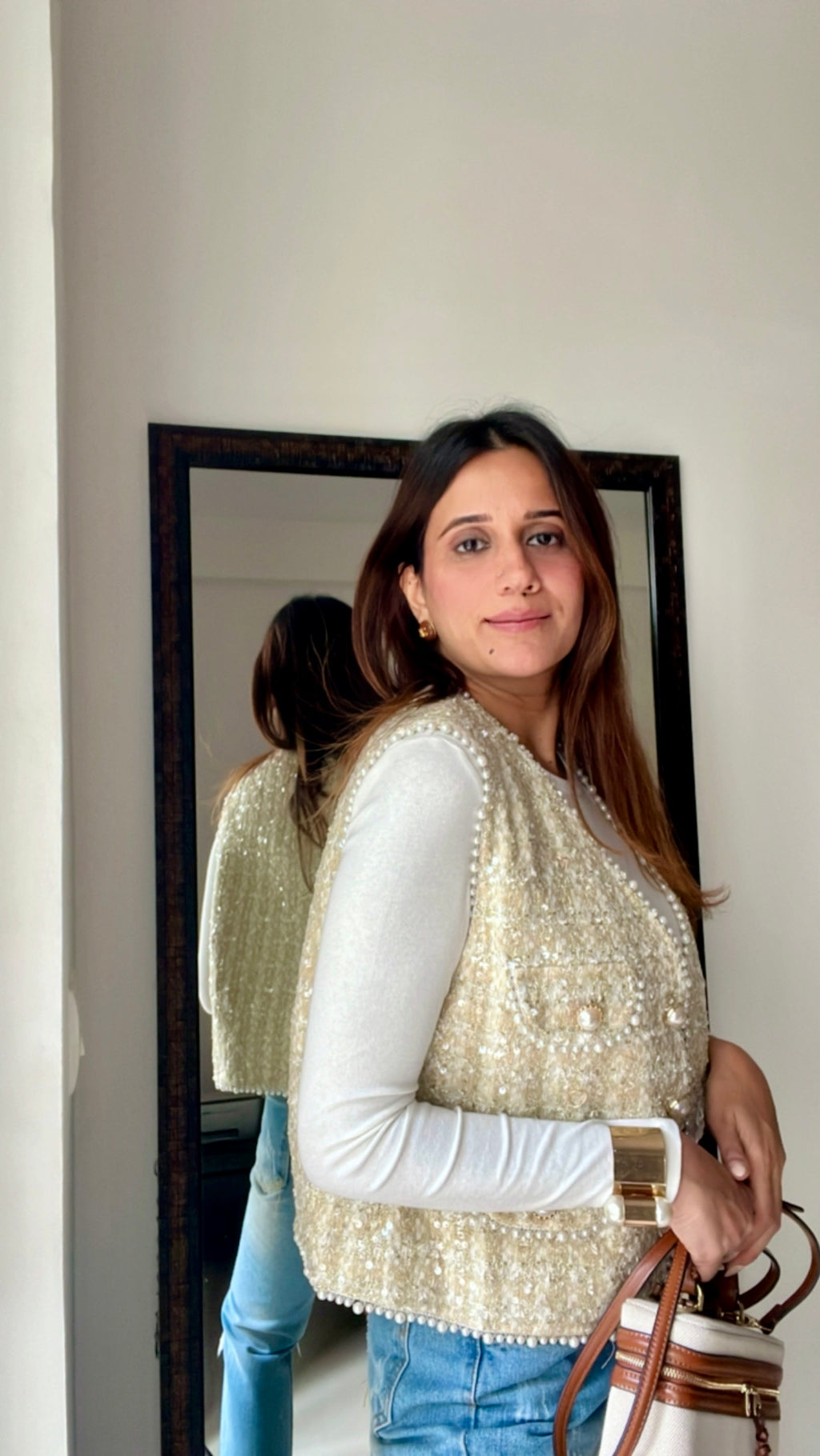 Pearl Embellished Tweed Fall Vest