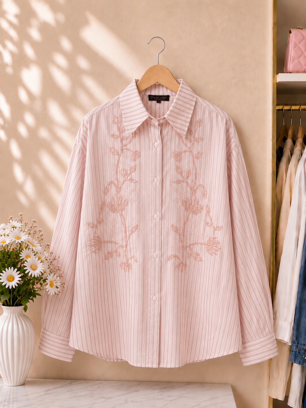 Stripe Floral Embroidered Shirt