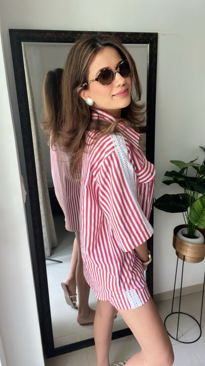 Lace Detailed Poplin Stripe Shorts Co-ord