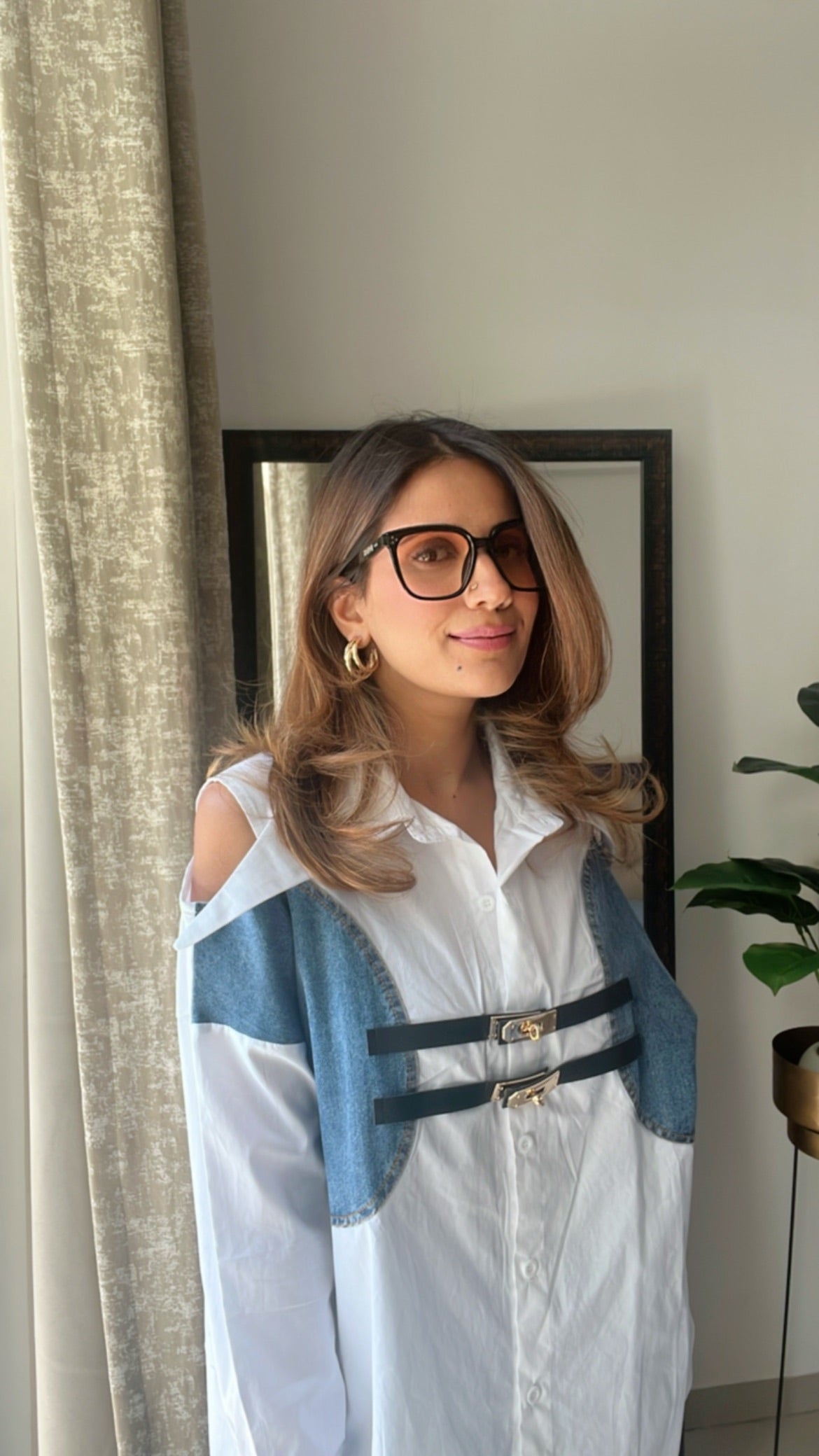 Denim Shoulder Cut Belt detailed Poplin Shirt