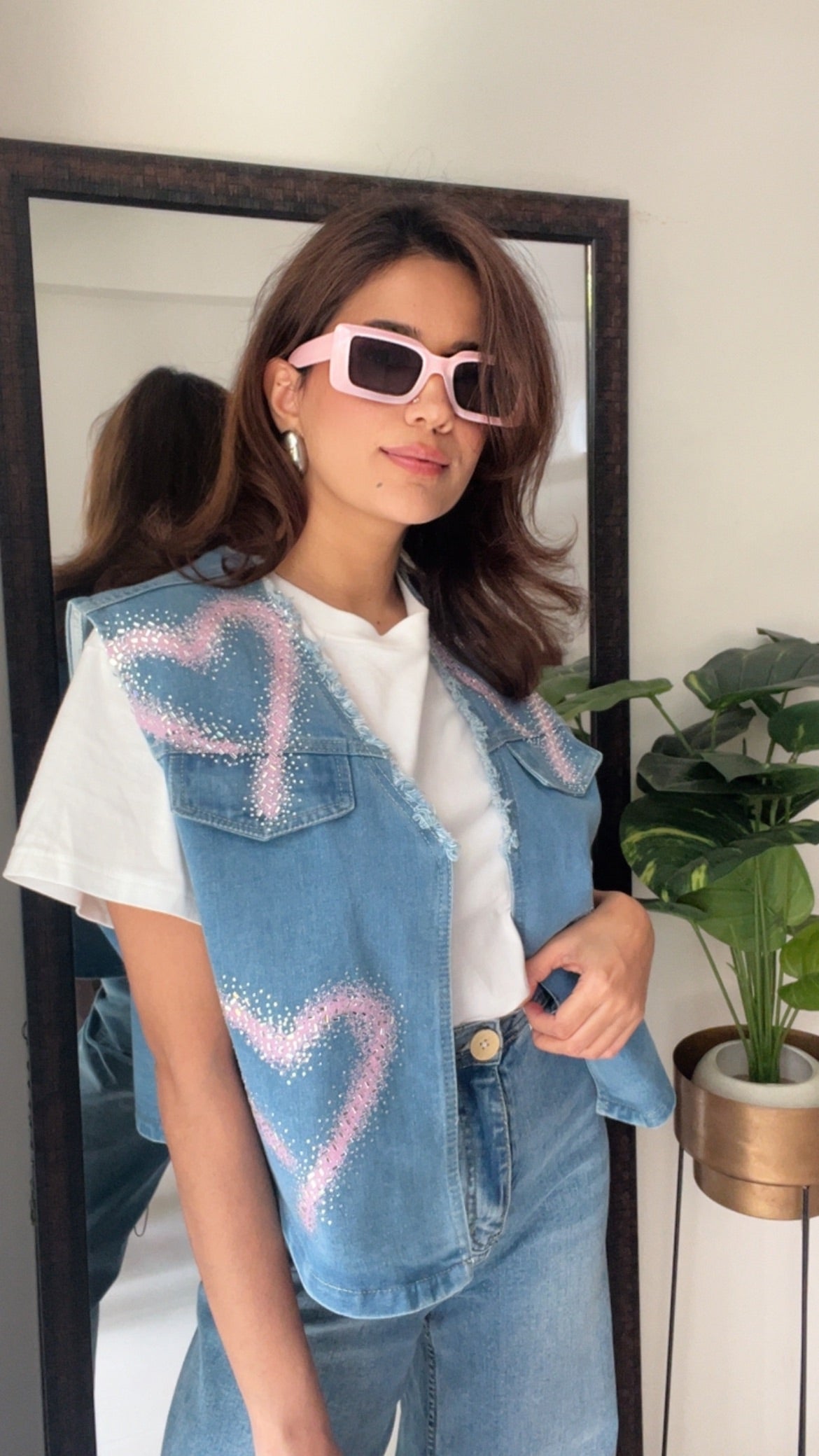 Pink Heart Swarovski Denim Fall Vest
