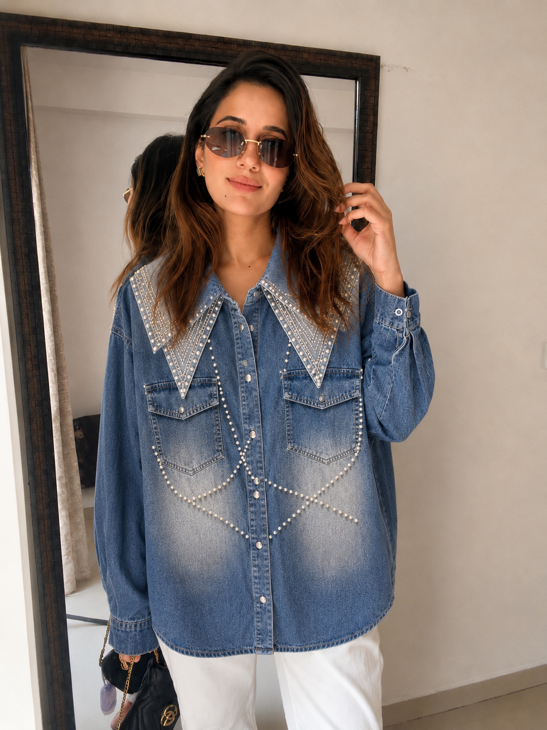 Lace Collar Denim Shirt