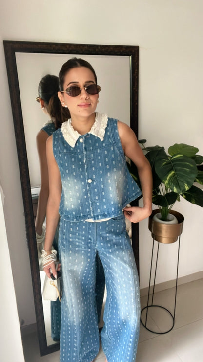 Ribbed Denim Frill Detailed Co-ord