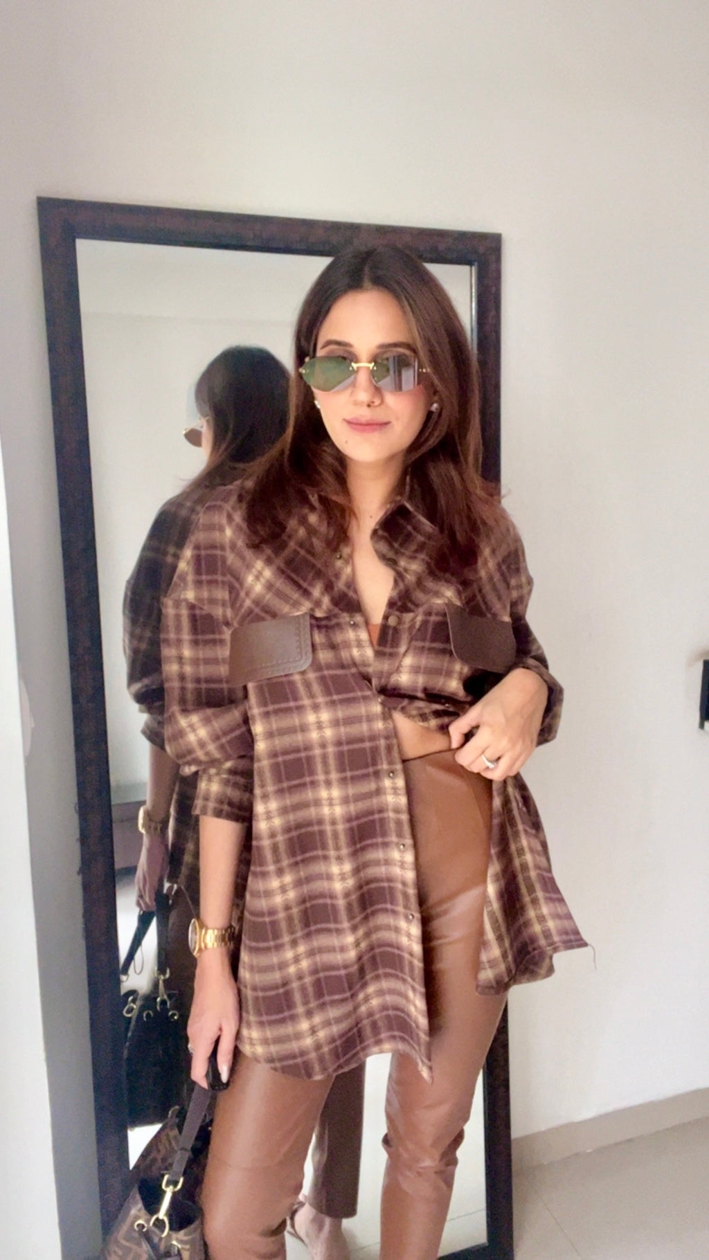 Plaid Leather Pocket Fall Shirt