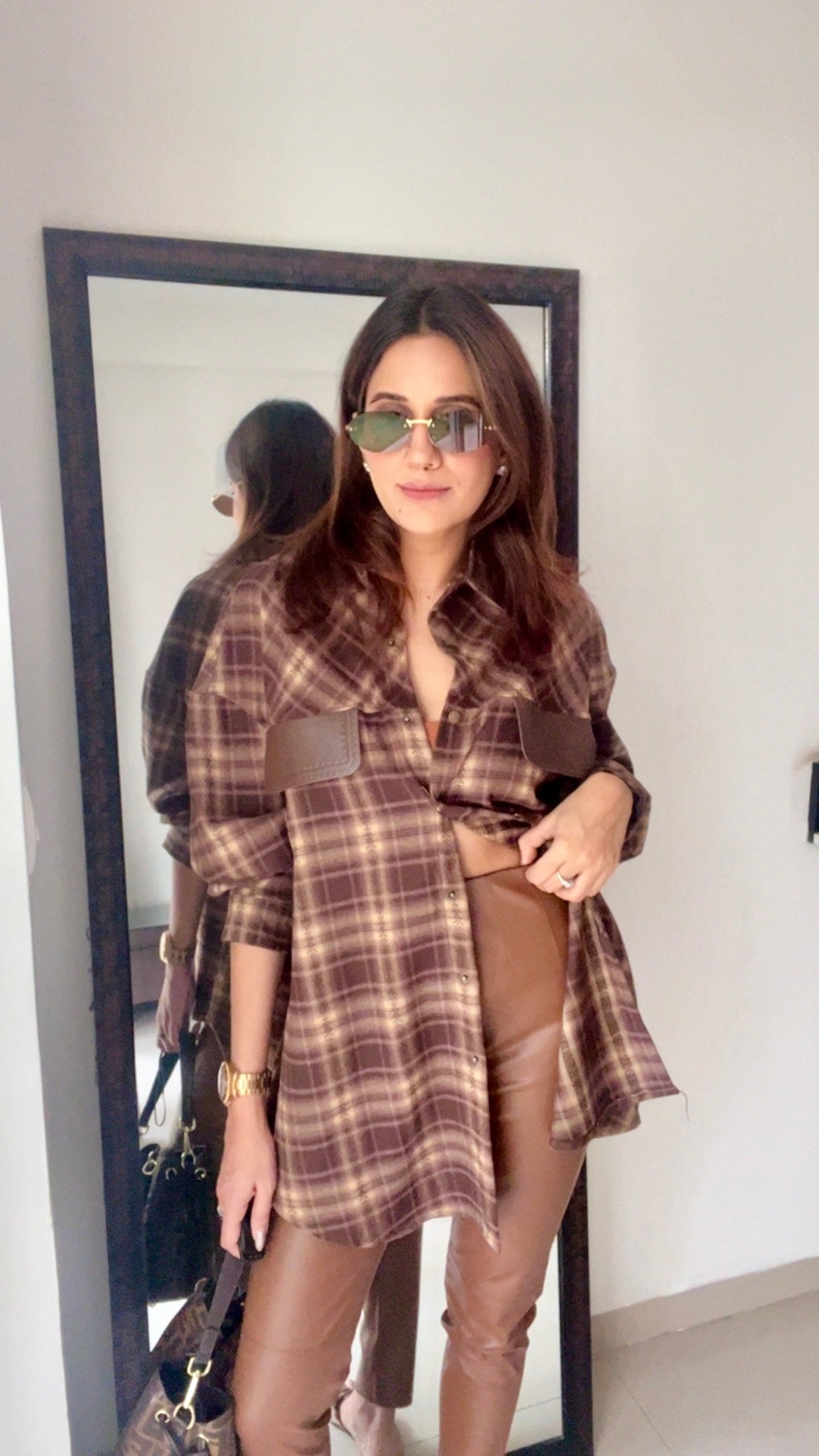 Plaid Leather Pocket Fall Shirt