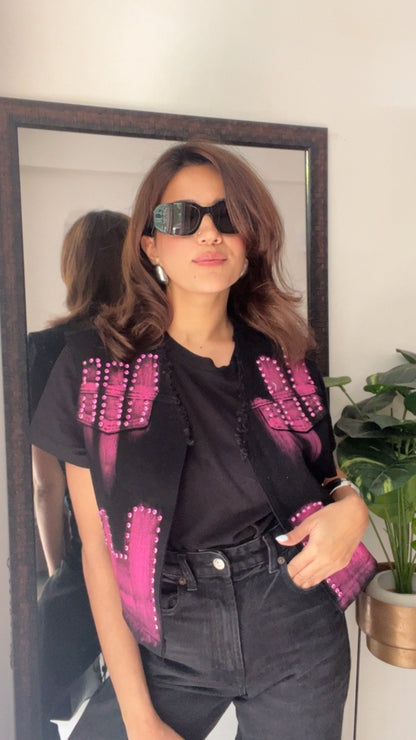 Hot Pink Studded Denim Fall Vest