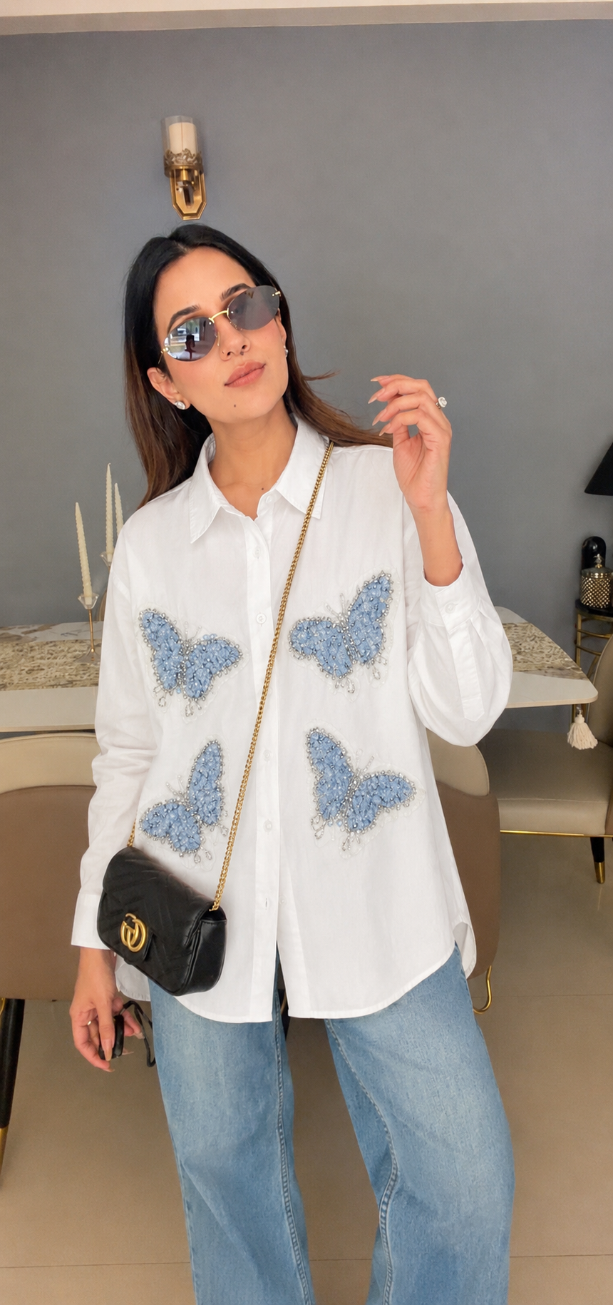 White Butterfly Detail Button Shirt