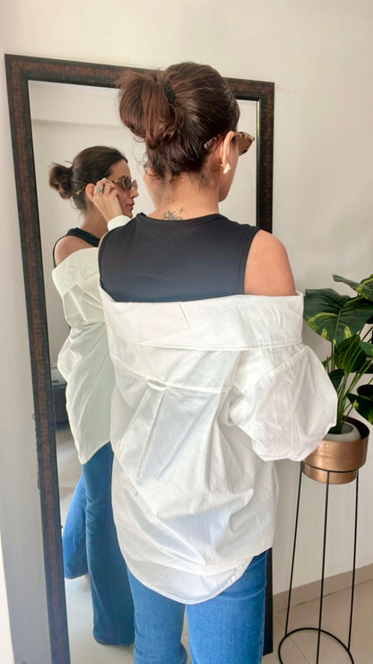 Cold Shoulder Poplin Shirt with Attached tank top