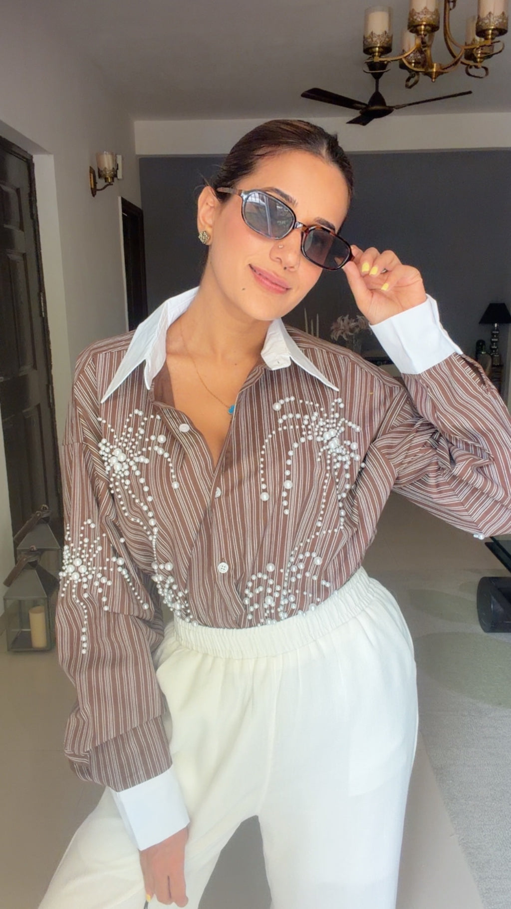 Pinstripe Pearl Detailed Poplin Shirt