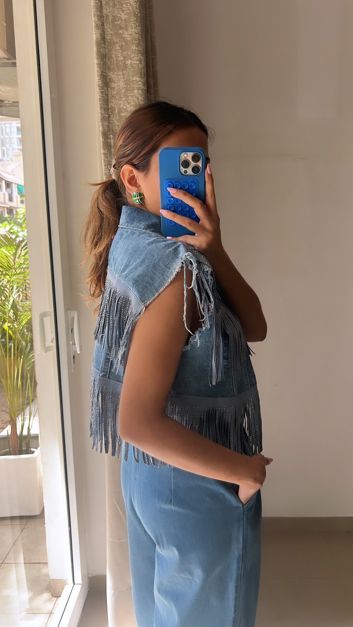 Fringe Swarovski Studded Denim Fall Jacket