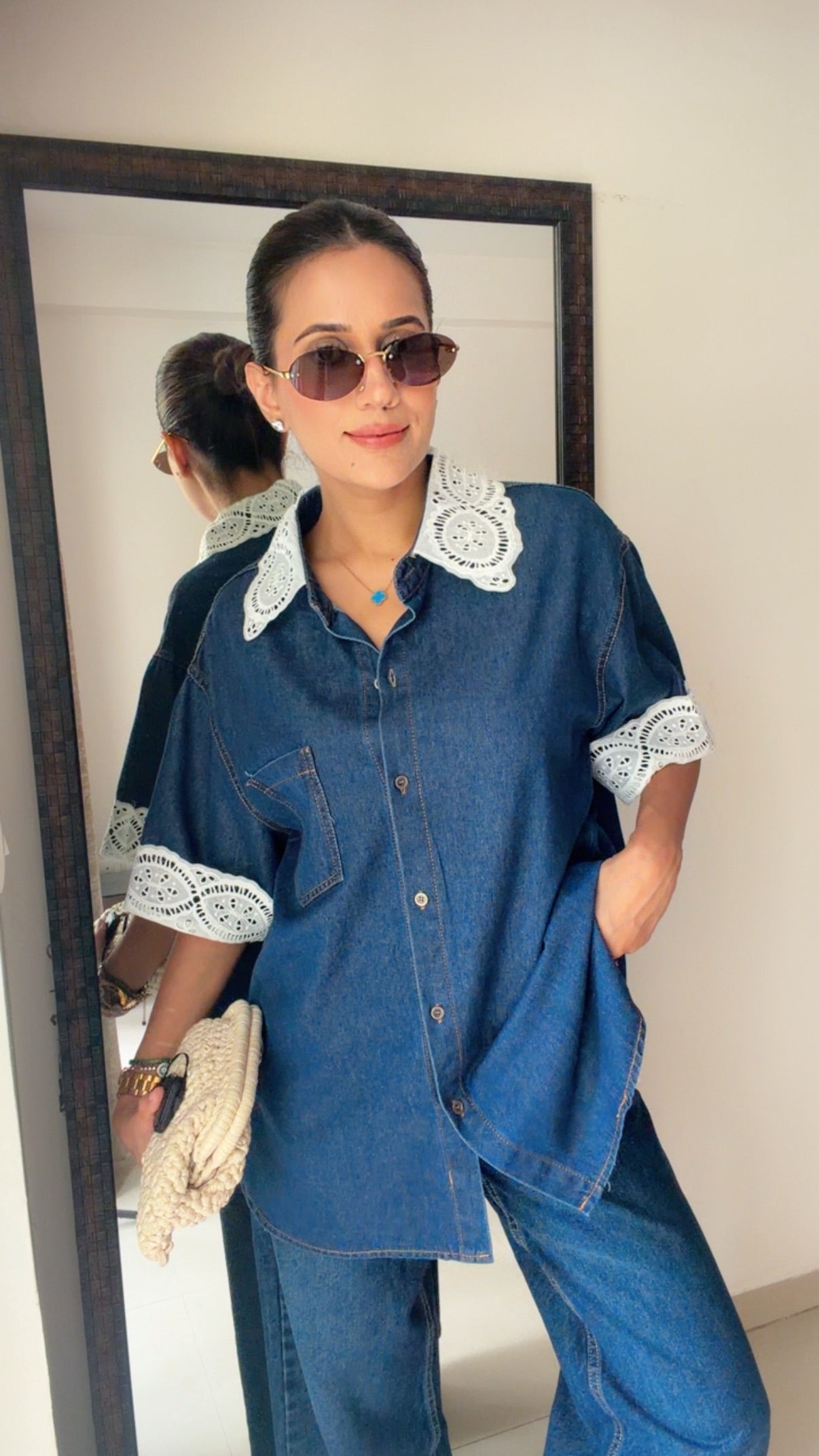 Lace Trim Denim Shirt