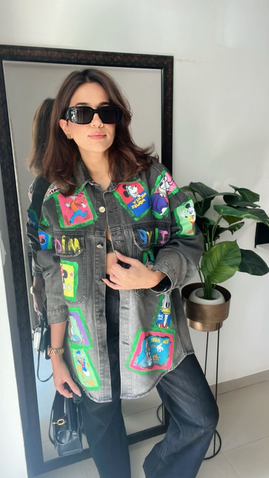 Cartoon Colorblast Oversized Denim Fall Jacket