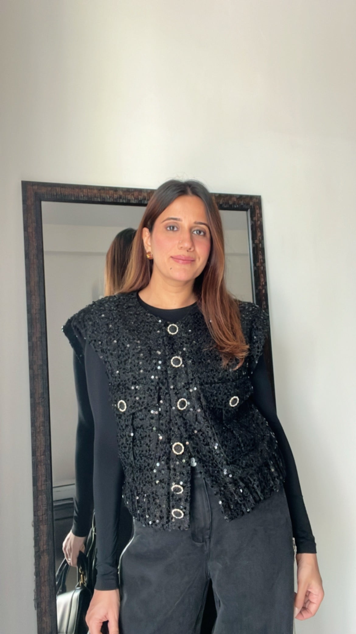 Sequin Embedded Cap sleeves Tweed Fall Vest