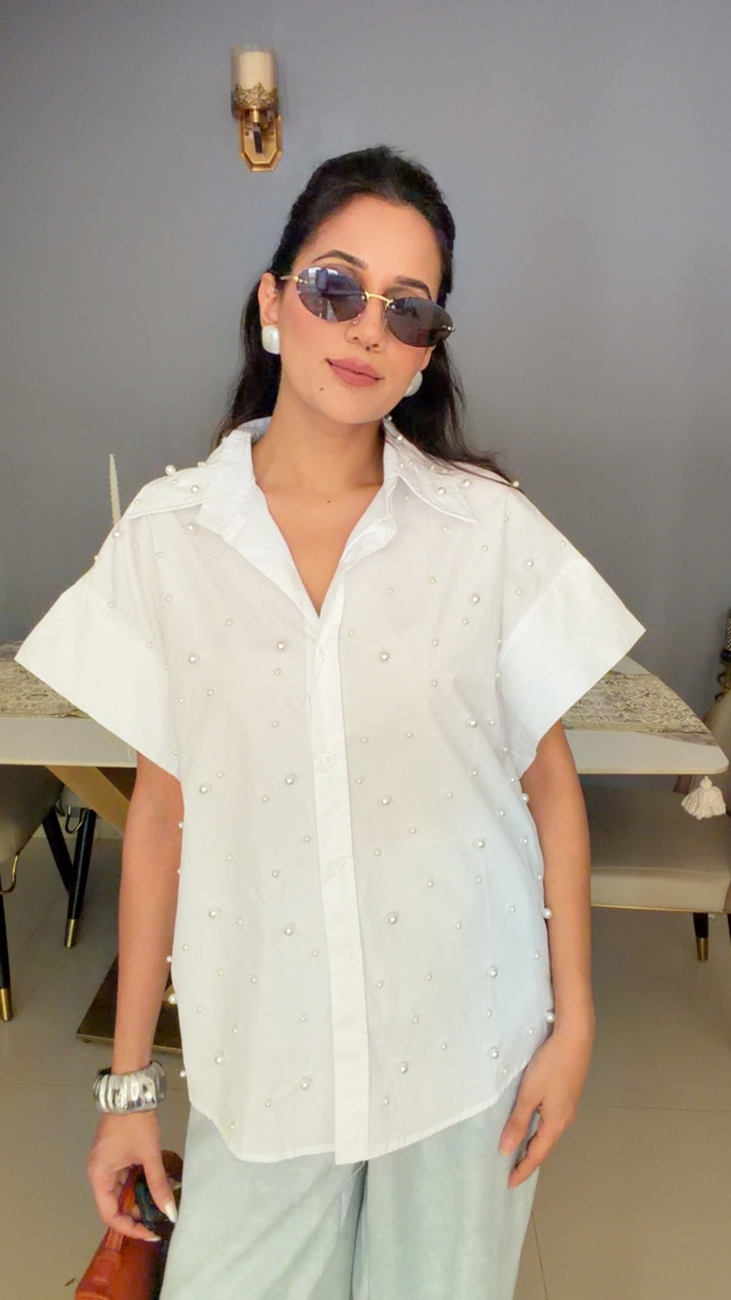 Oversized Pearl Embedded Poplin Shirt