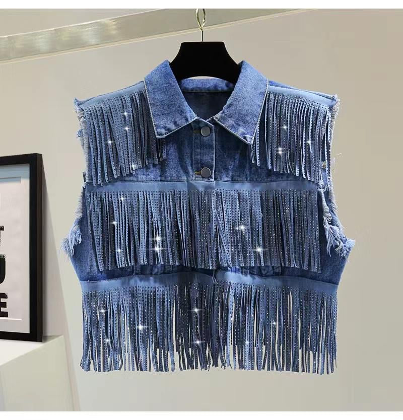 Fringe Swarovski Studded Denim Fall Jacket