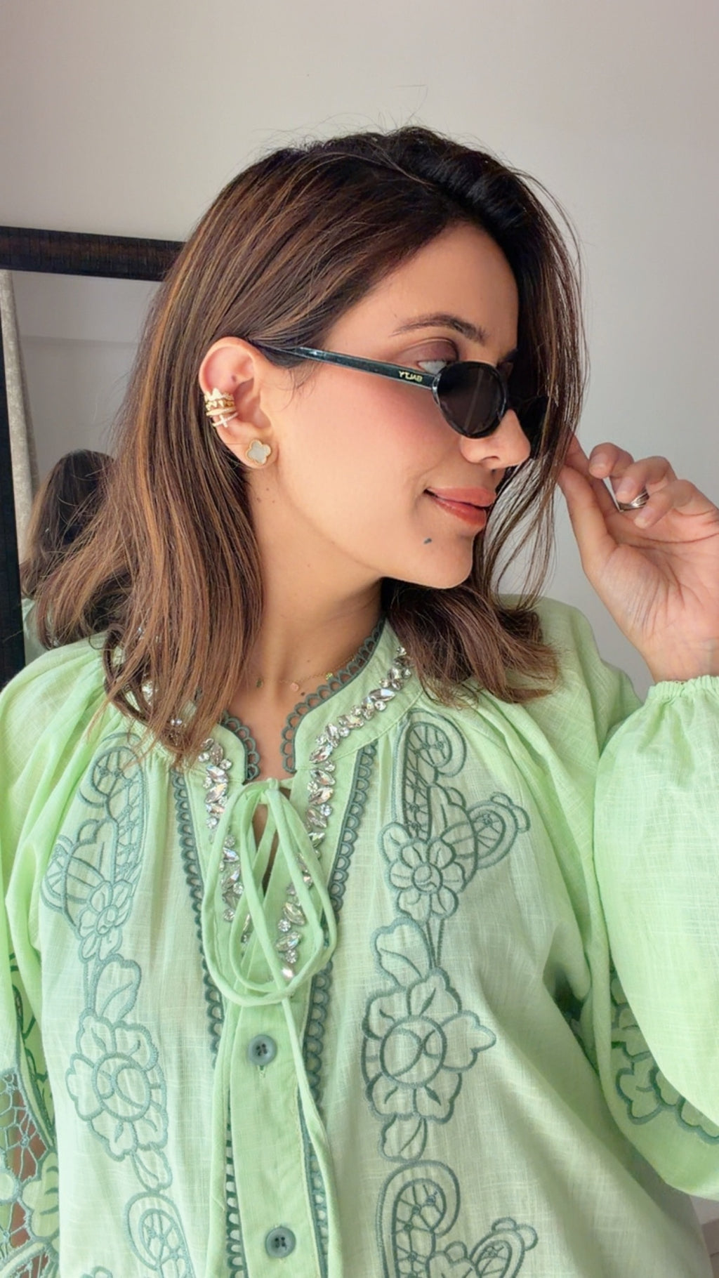 Studded Neck Linen Oversized Shirt Blouse