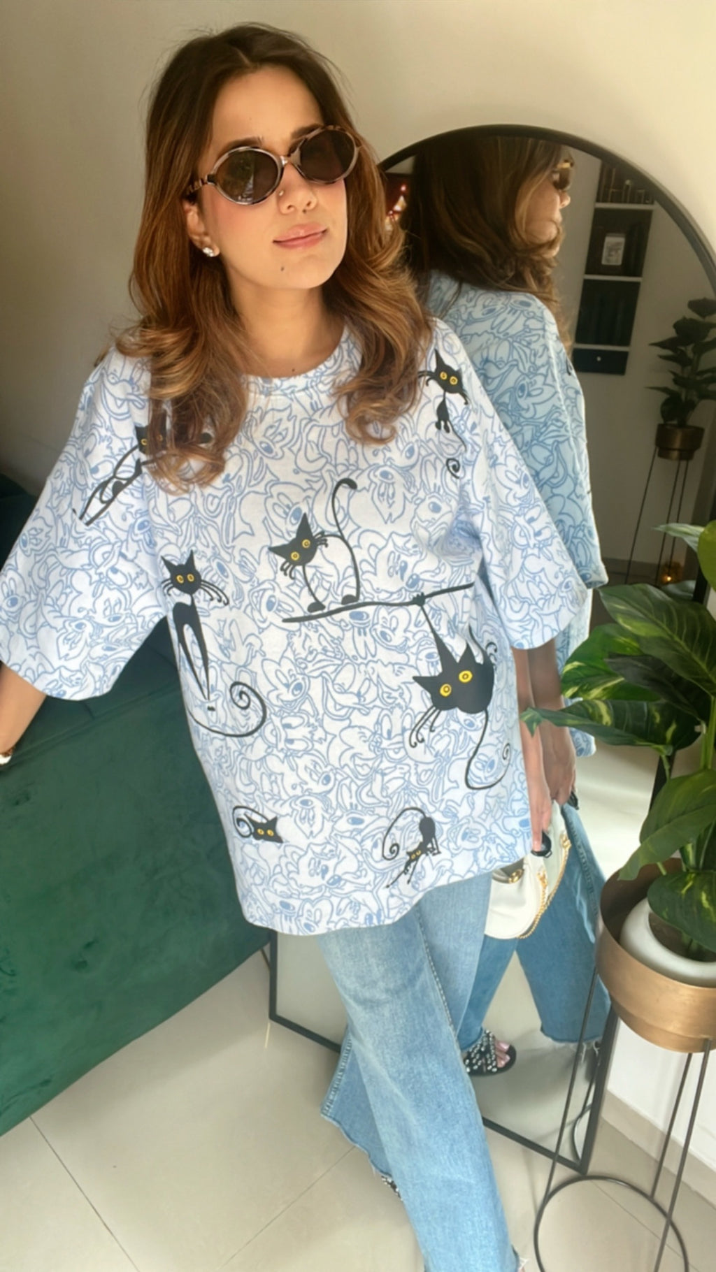 Cat Oversized Sleeves Stripe Tee