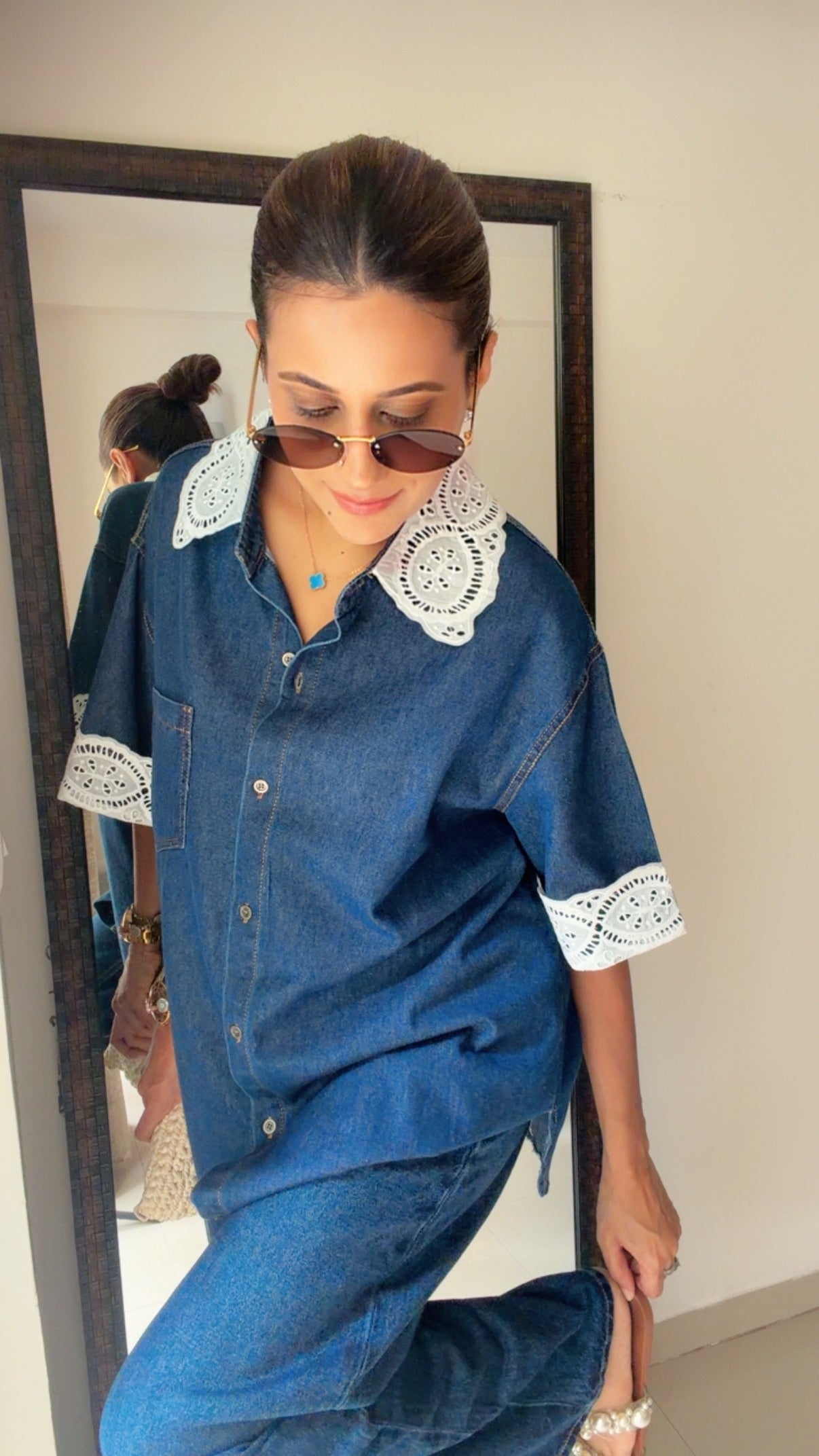 Lace Trim Denim Shirt