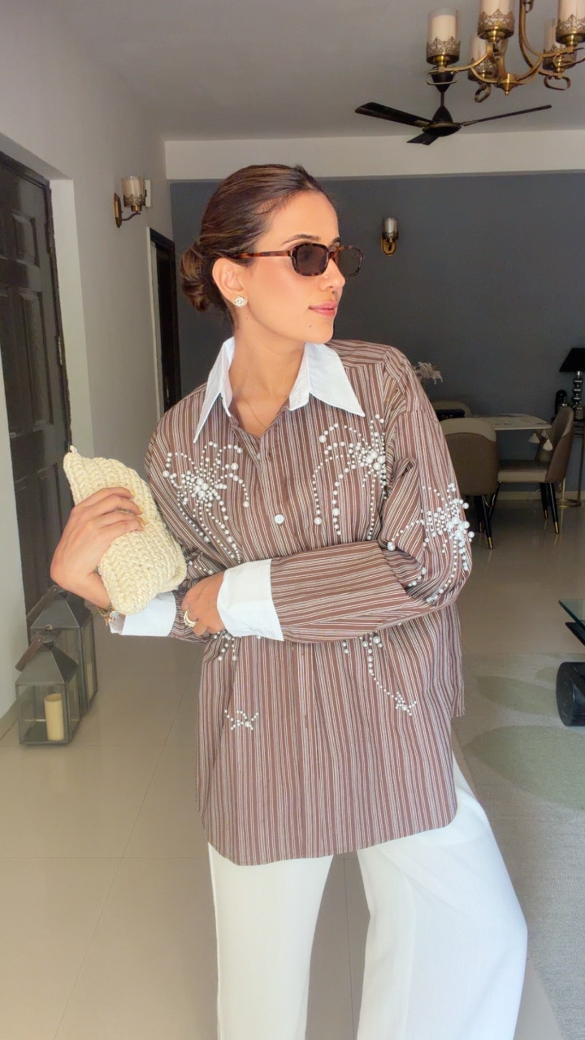 Pinstripe Pearl Detailed Poplin Shirt